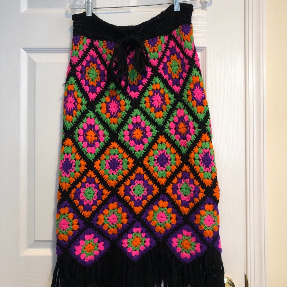 Vintage Boho Black Crochet Maxi Skirt with Bright Floral Squares